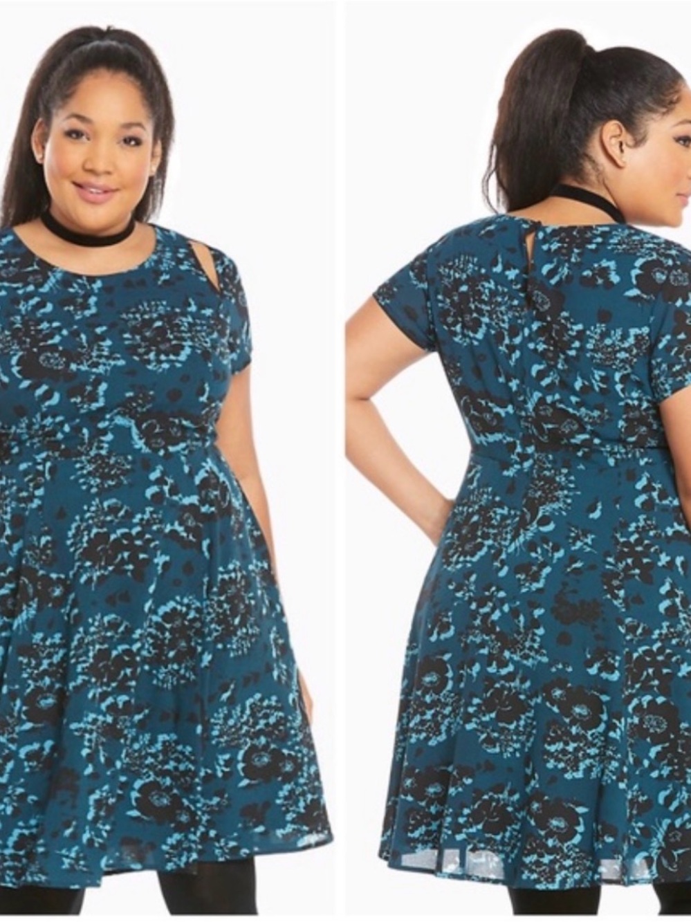 Torrid Blue-Black Georgette Cutout Sleeve Skater Dress